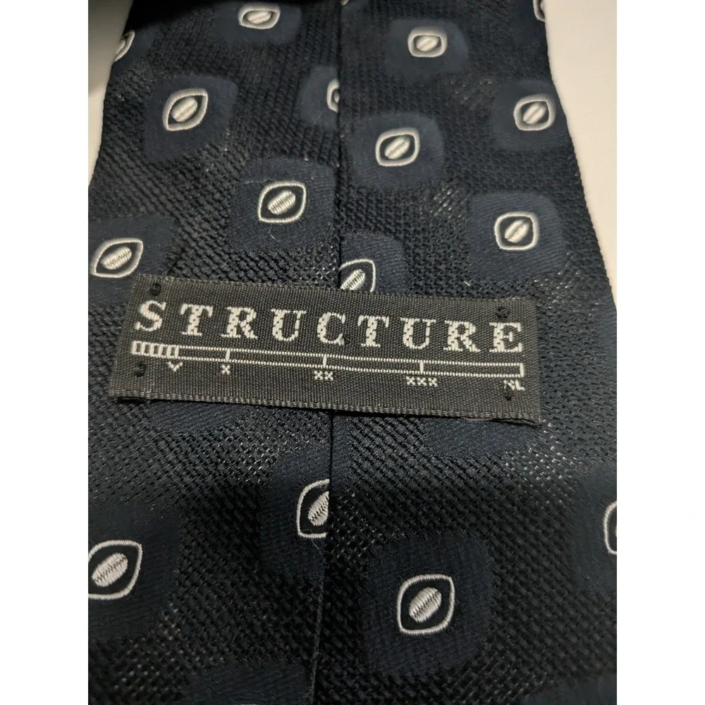 Structure Mens Silk Tie Navy Blue Silver Geometric Oval Pattern Made in USA